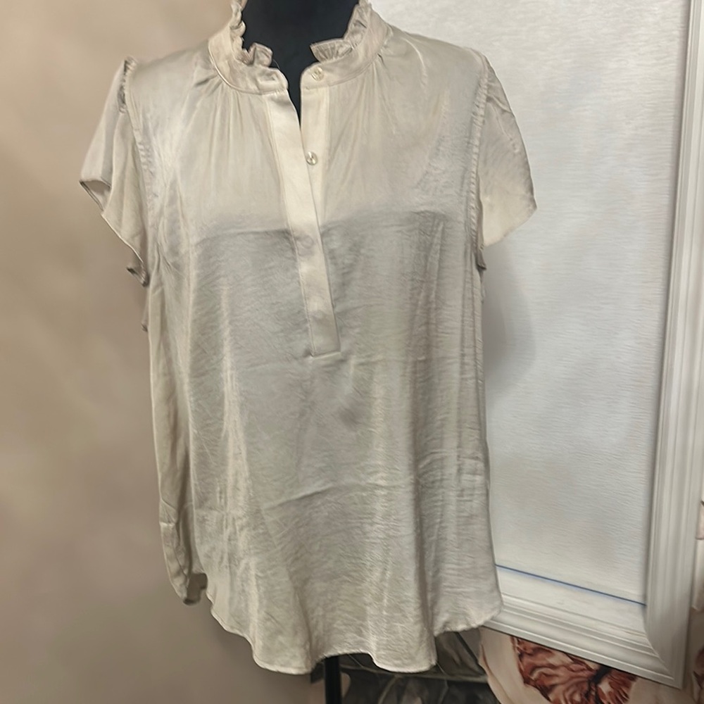 Cream Ruffled Short Sleeve Blouse with Mandarin Collar